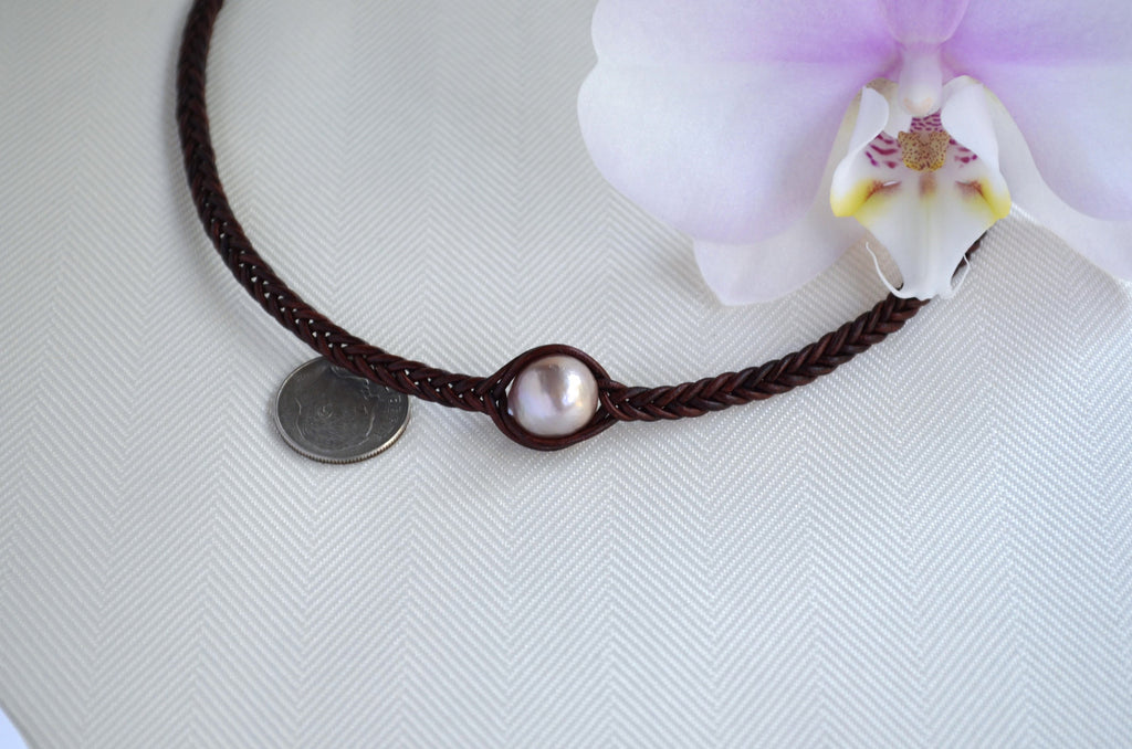 Edison Pearl Choker: Braided Leather Necklace, Light Mauve Pearl