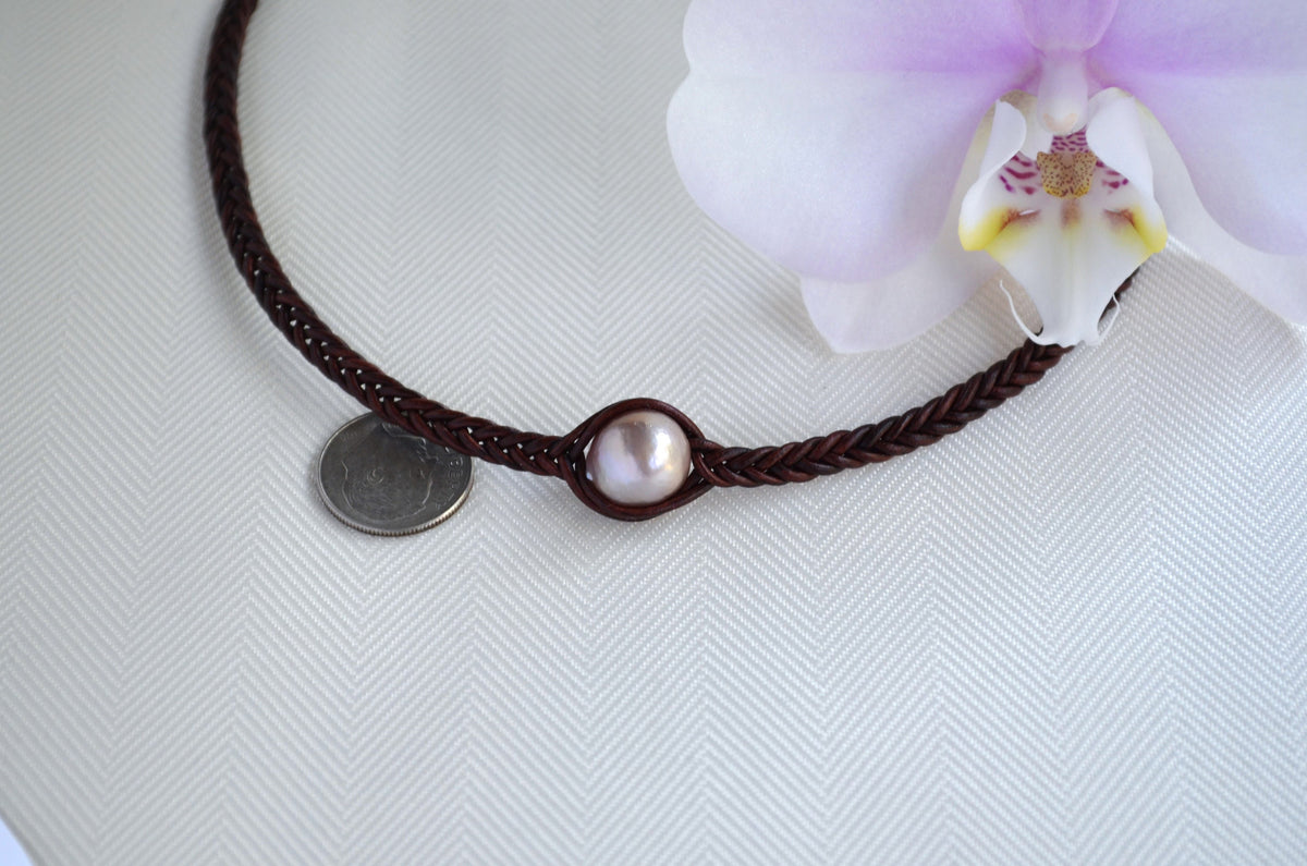 Edison Pearl Choker: Braided Leather Necklace, Light Mauve Pearl