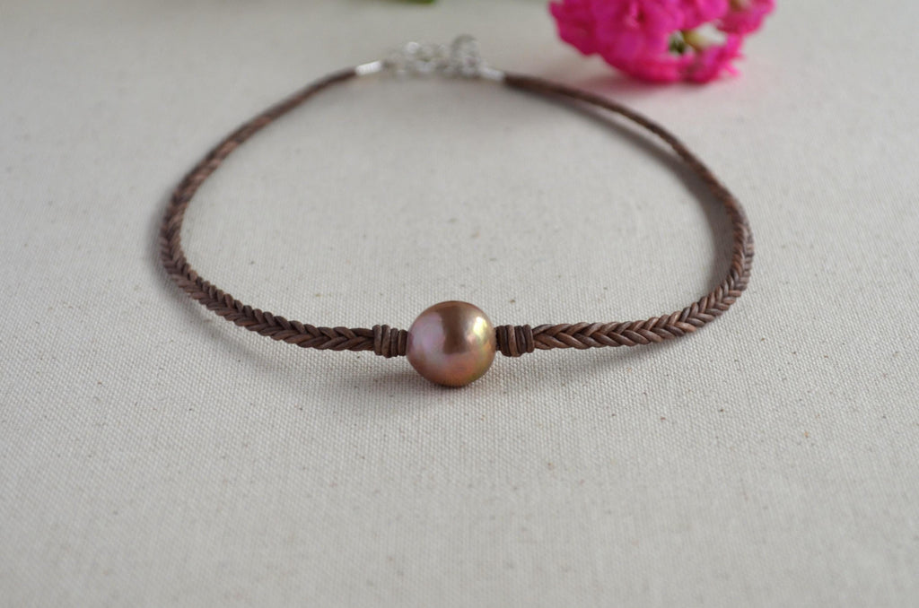 15mm Pink Edison Pearl Necklace, Braided Leather Choker, Mauve Lavender Pearl Jewelry