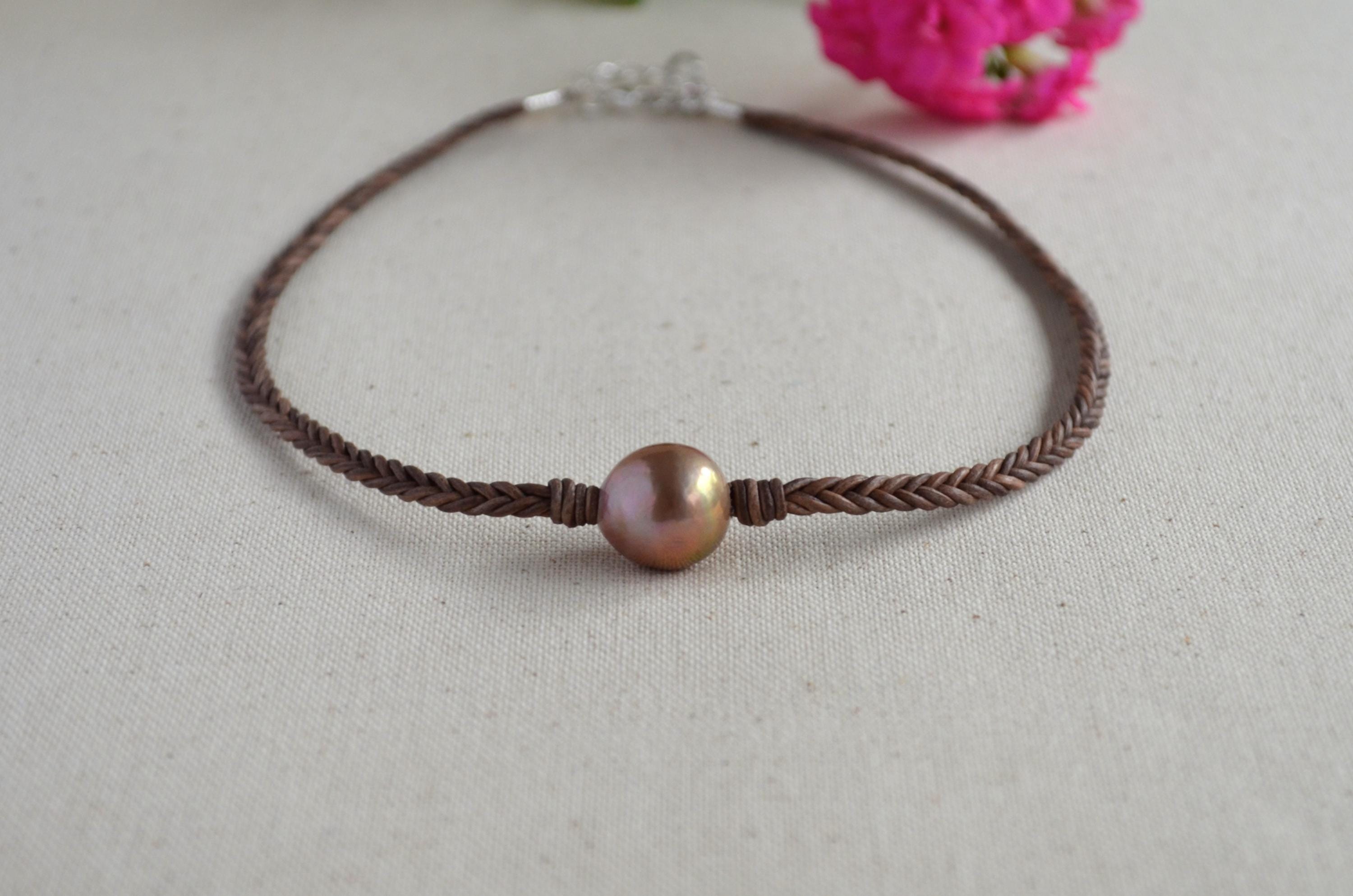 15mm Pink Edison Pearl Necklace, Braided Leather Choker, Mauve Lavender Pearl Jewelry