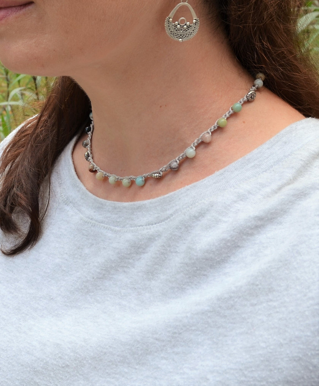 Amazonite Crochet Necklace: Beaded Boho Choker