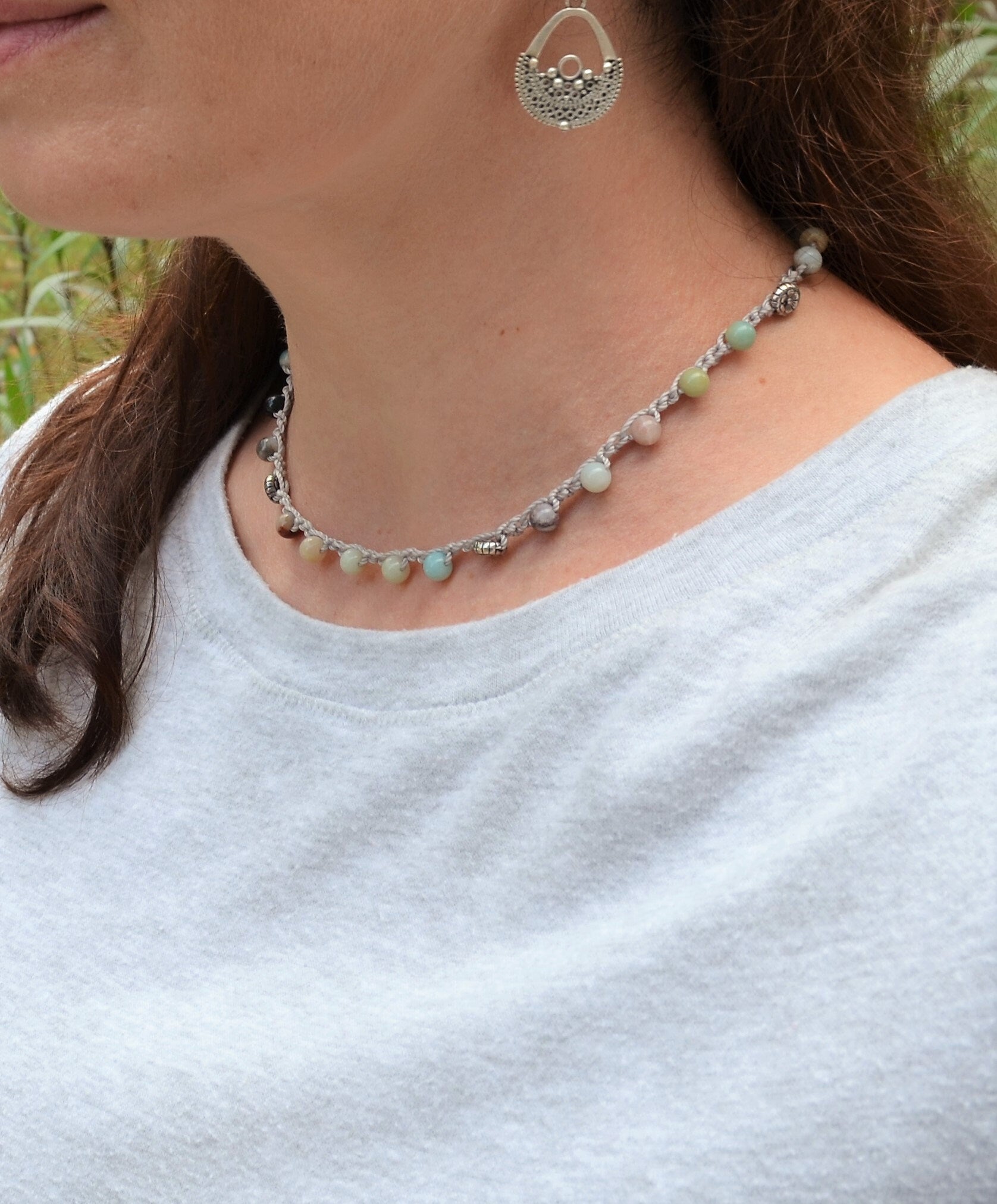 Amazonite Crochet Necklace: Beaded Boho Choker