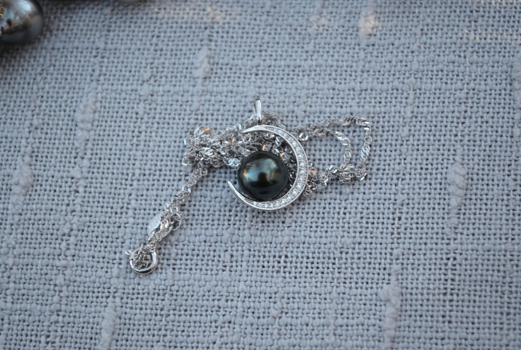Tahitian Pearl Necklace: Sterling Silver Crescent Moon Pendant, CZ Accents