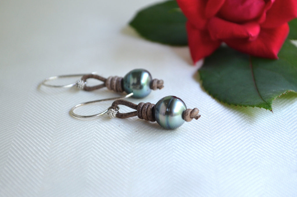 Tahitian Pearl Earrings: Sterling Silver, Brown Leather, Elegant Jewelry