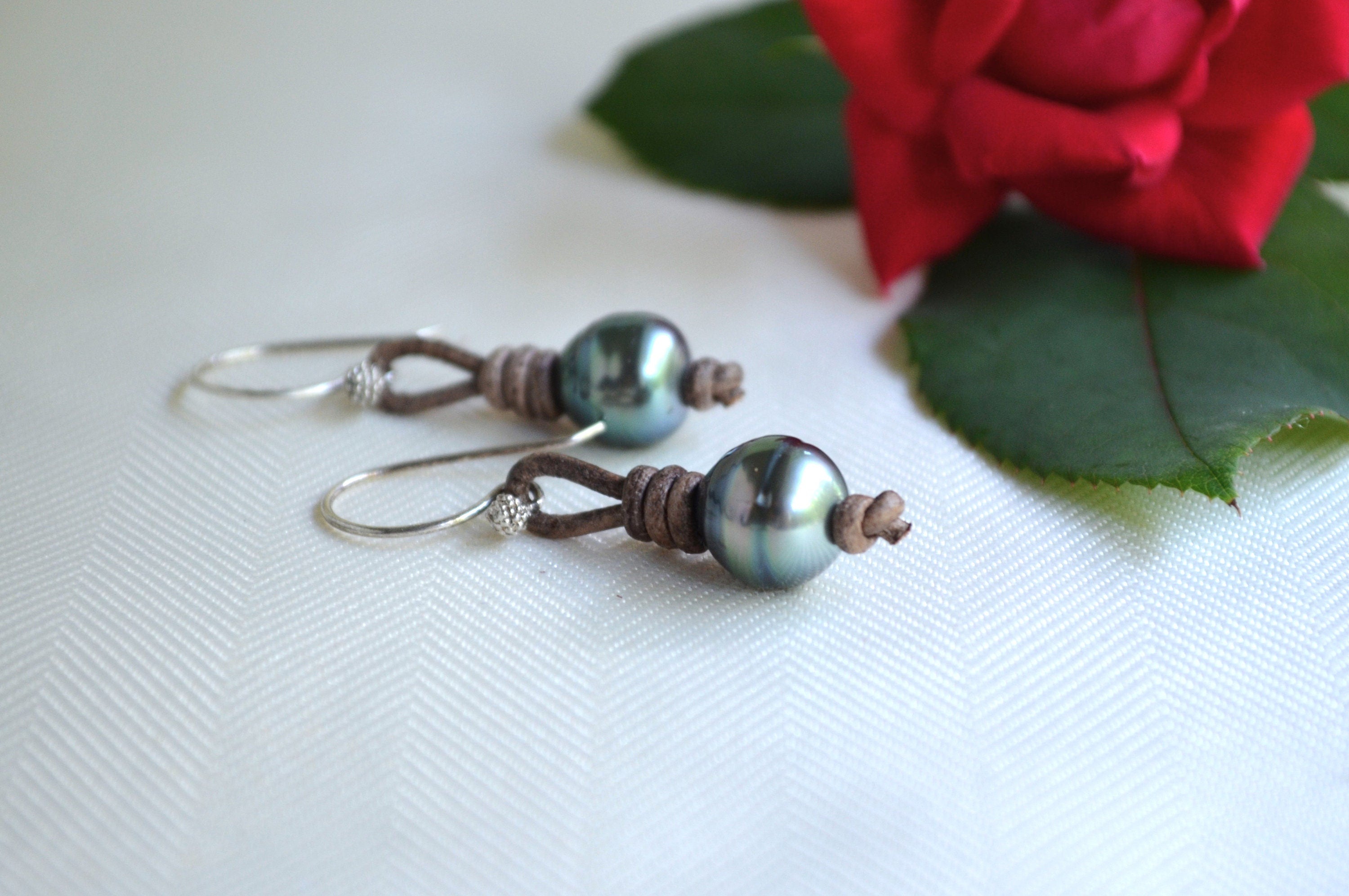 Tahitian Pearl Earrings: Sterling Silver, Brown Leather, Elegant Jewelry