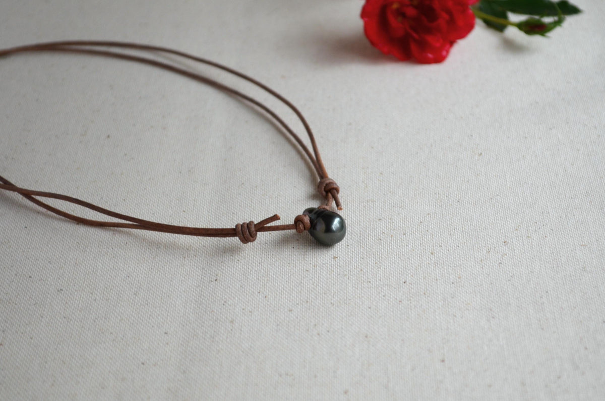 Tahitian Drop Pearl Necklace: Brown Grey Leather Adjustable Necklace