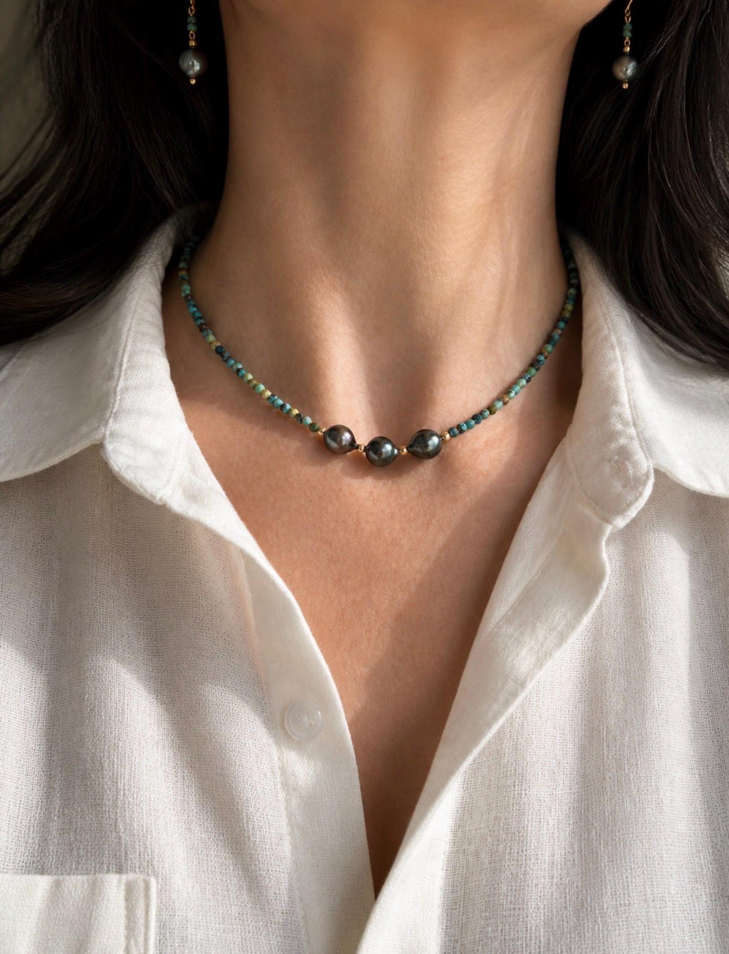 Three Tahitian Pearl Necklace, Turquoise Beaded Short Necklace, Minimal Gold Filled Necklace, Elegant Everyday Jewelry