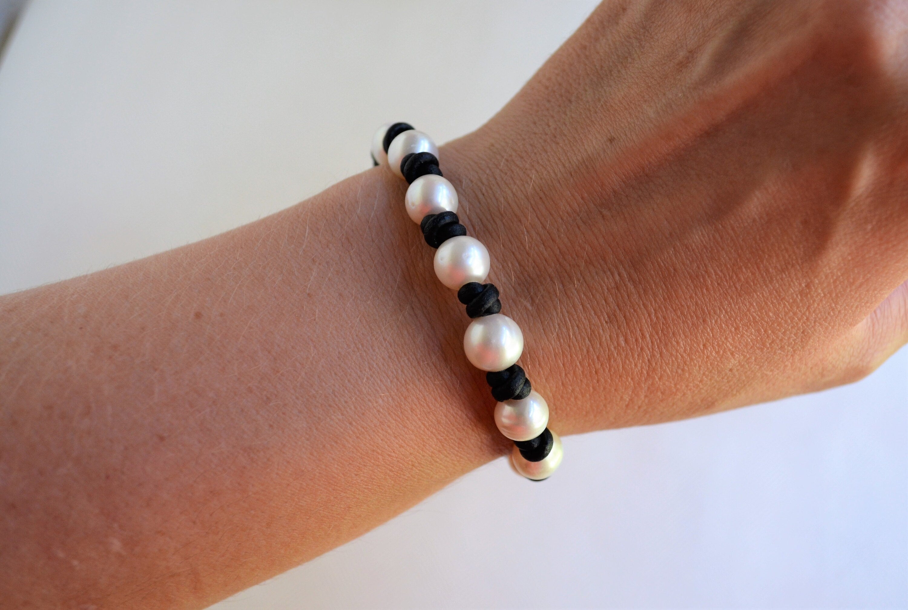 Knotted Leather Bracelet: White Freshwater Pearls, Elegant Jewelry