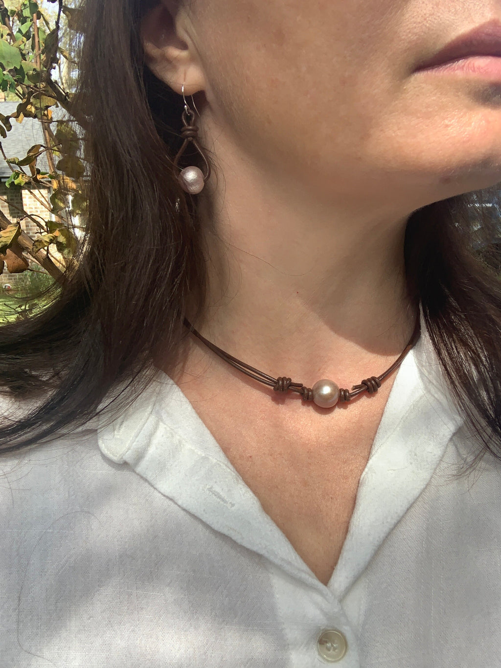 Edison Pink Pearl Earrings: Sterling Silver & Brown or Black Greek Leather Boho Dangle