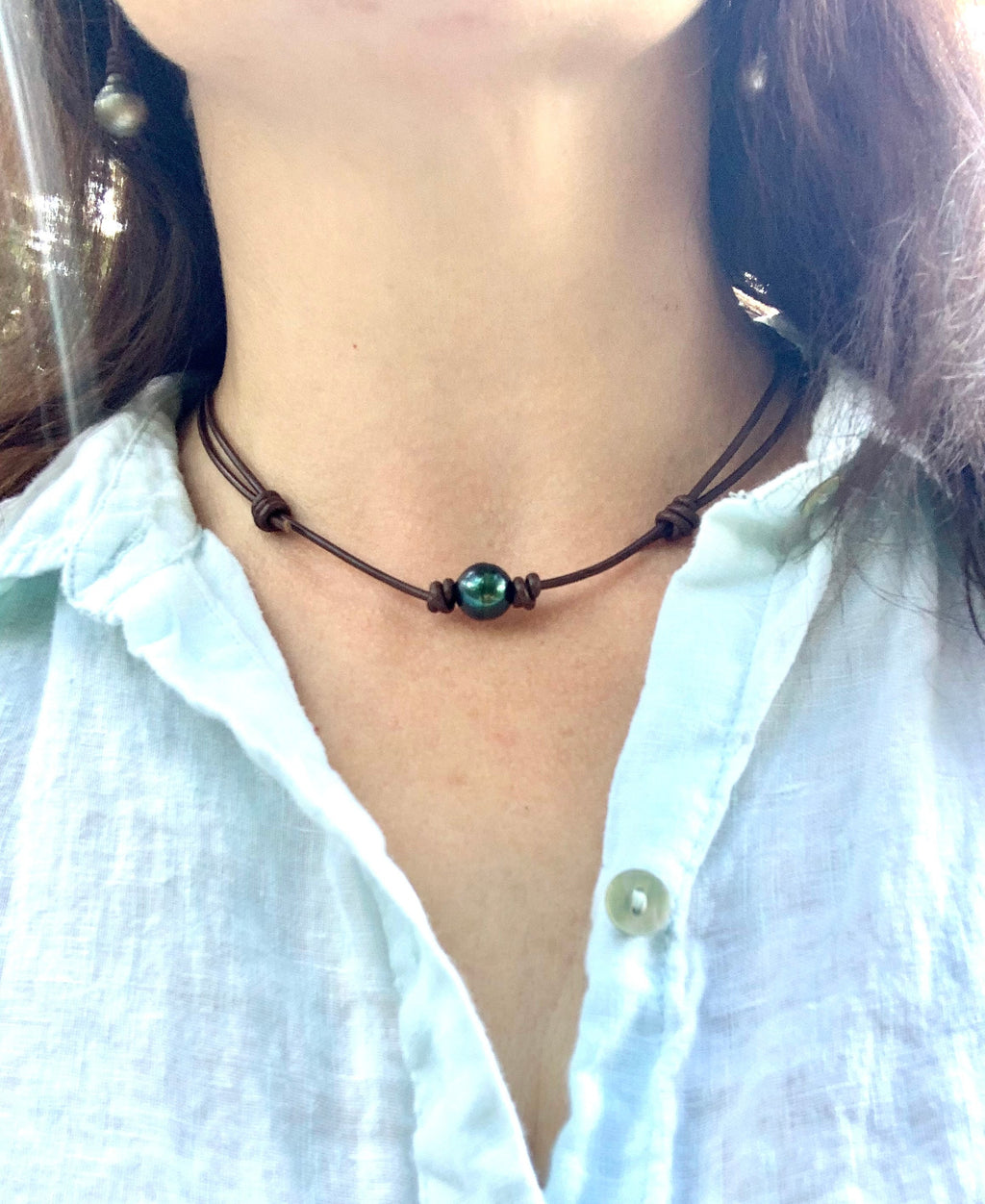 Tahitian Pearl Choker, Adjustable Brown Leather Necklace