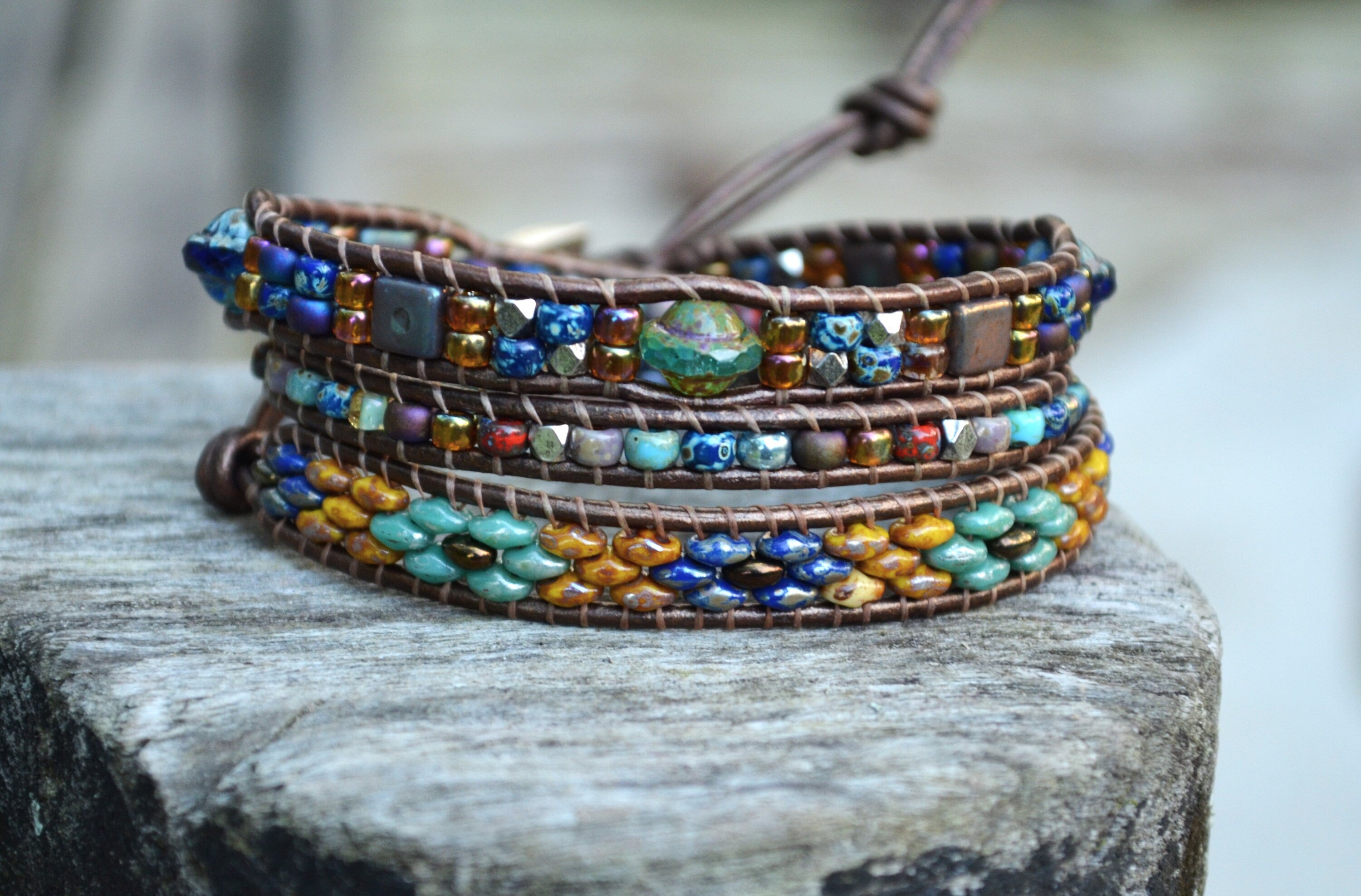 Boho Leather Wrap Bracelet, Tile & Czech Glass Beaded