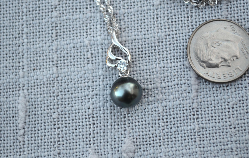 Tahitian Pearl Necklace: Sterling Silver Pendant, Cubic Zirconia Accent