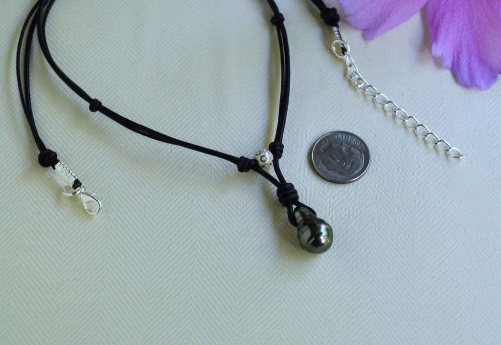 Tahitian Pearl Leather Necklace: Sterling Silver Accent, Elegant Gift