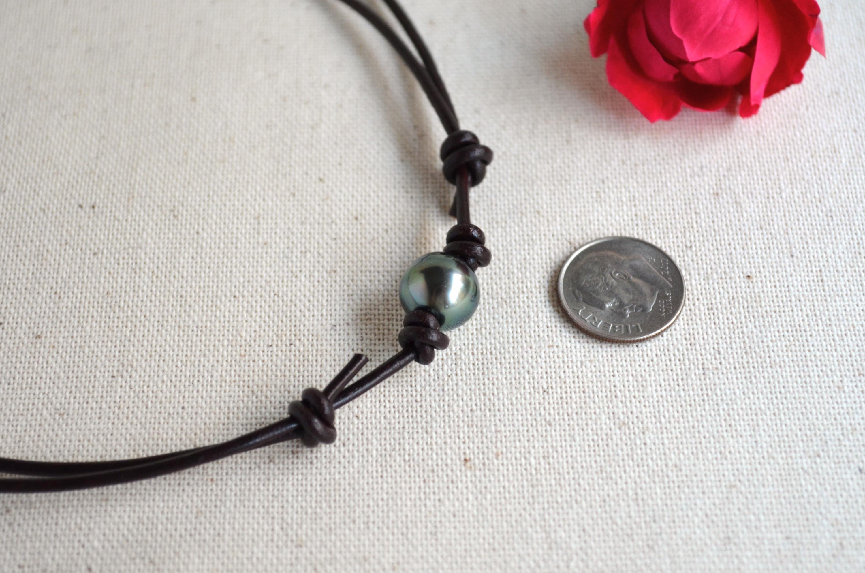 Tahitian Pearl Choker, Adjustable Brown Leather Necklace