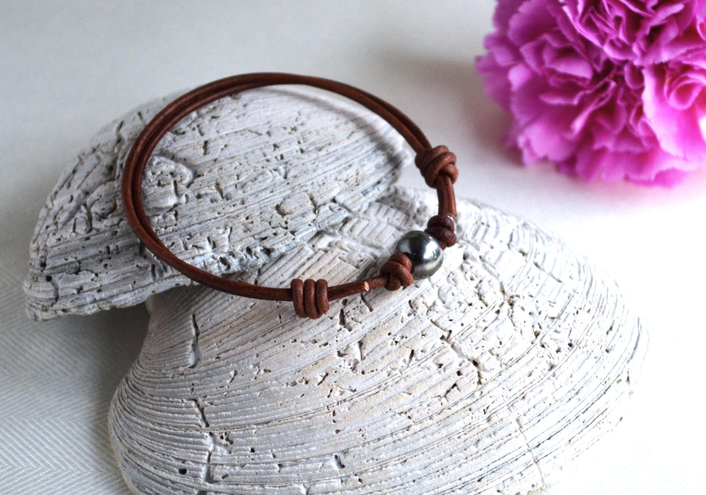Tahitian Pearl Bracelet: Light Brown Greek Leather, Adjustable