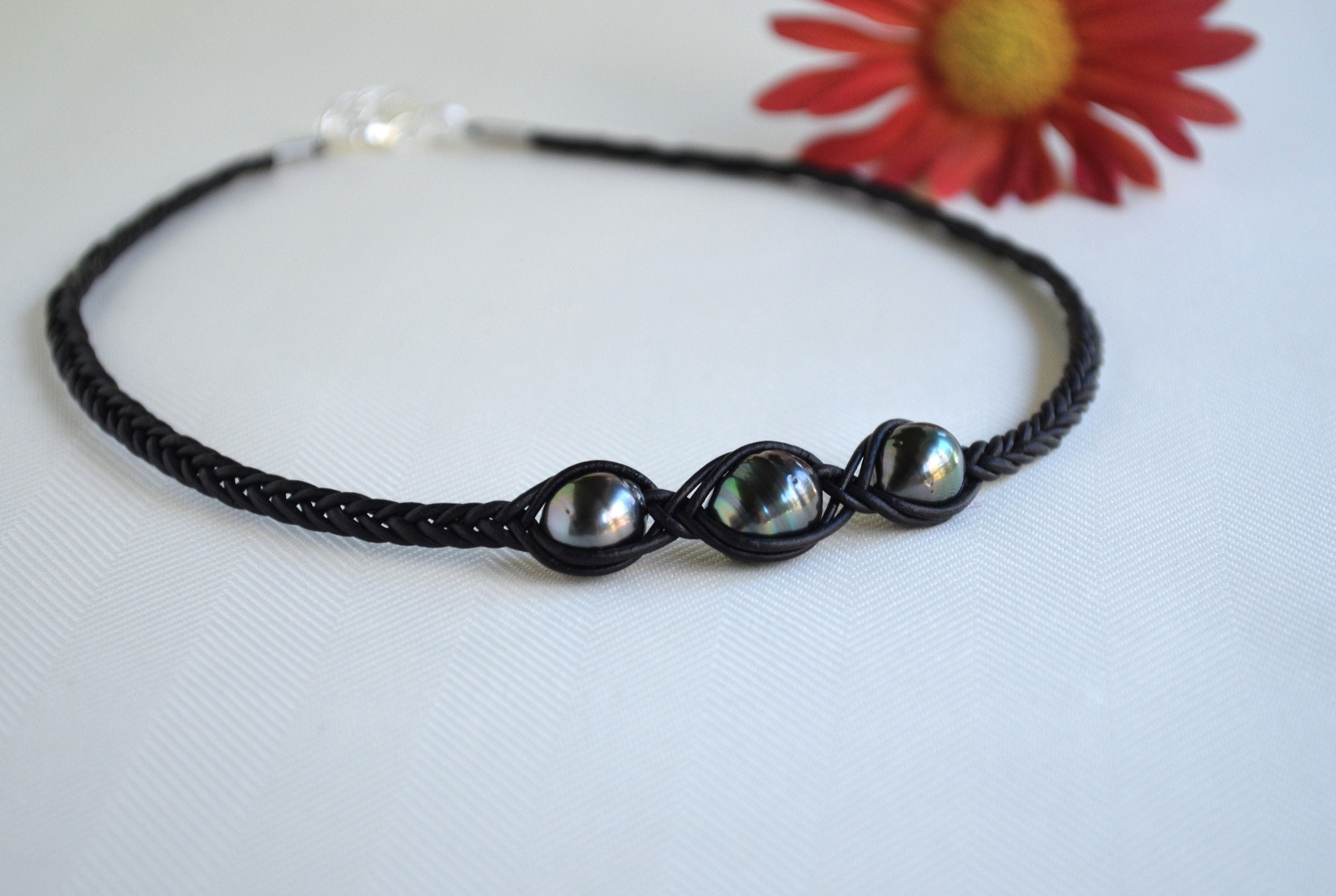 Tahitian Pearl Necklace: Three Stone Braided Black Leather Jewelry