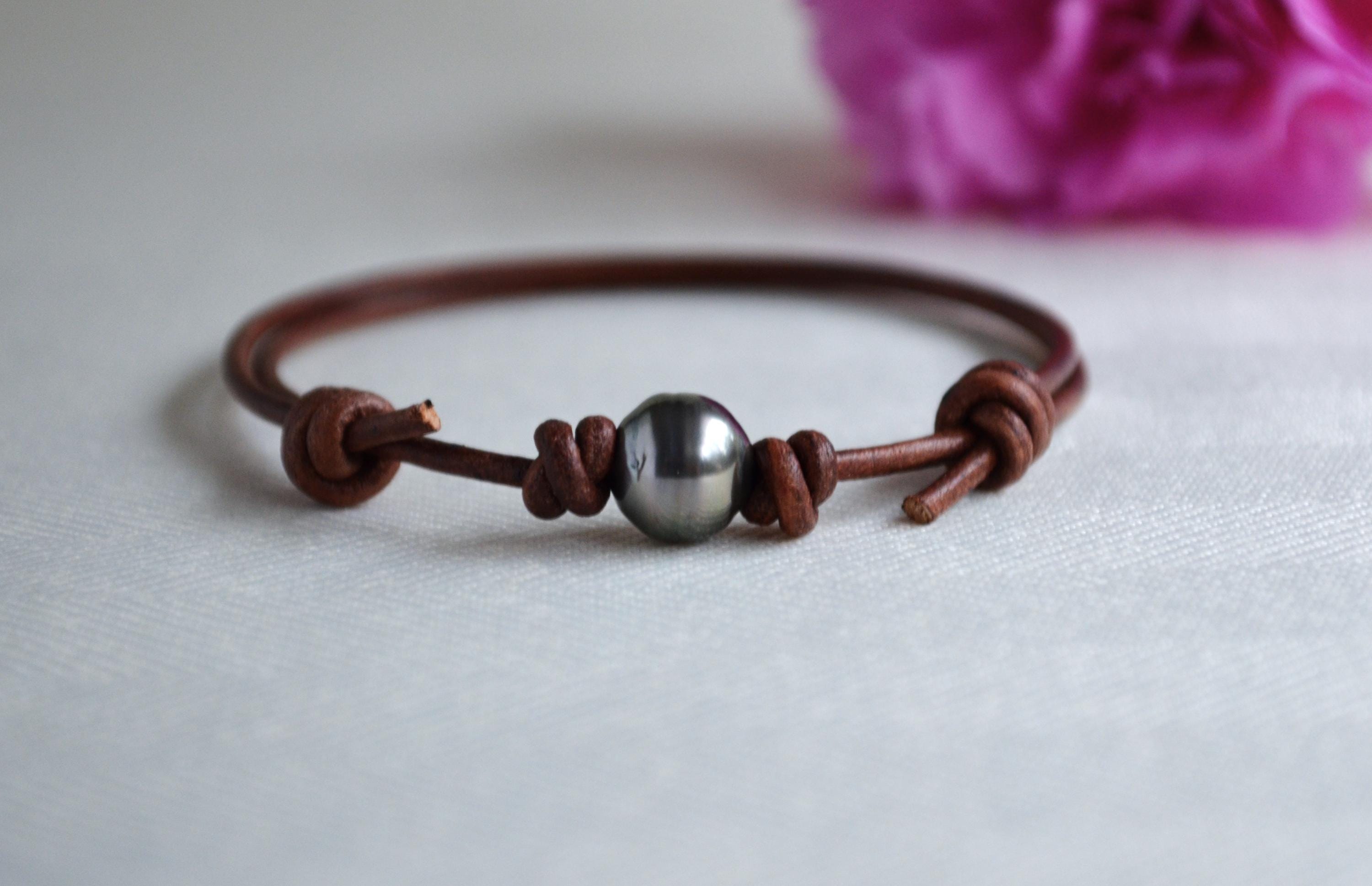 Tahitian Pearl Bracelet: Light Brown Greek Leather, Adjustable