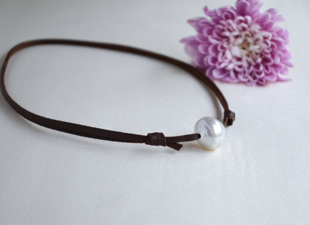 Rare White Tahitian Pearl Choker: Brown Leather Surf Jewelry UNISEX