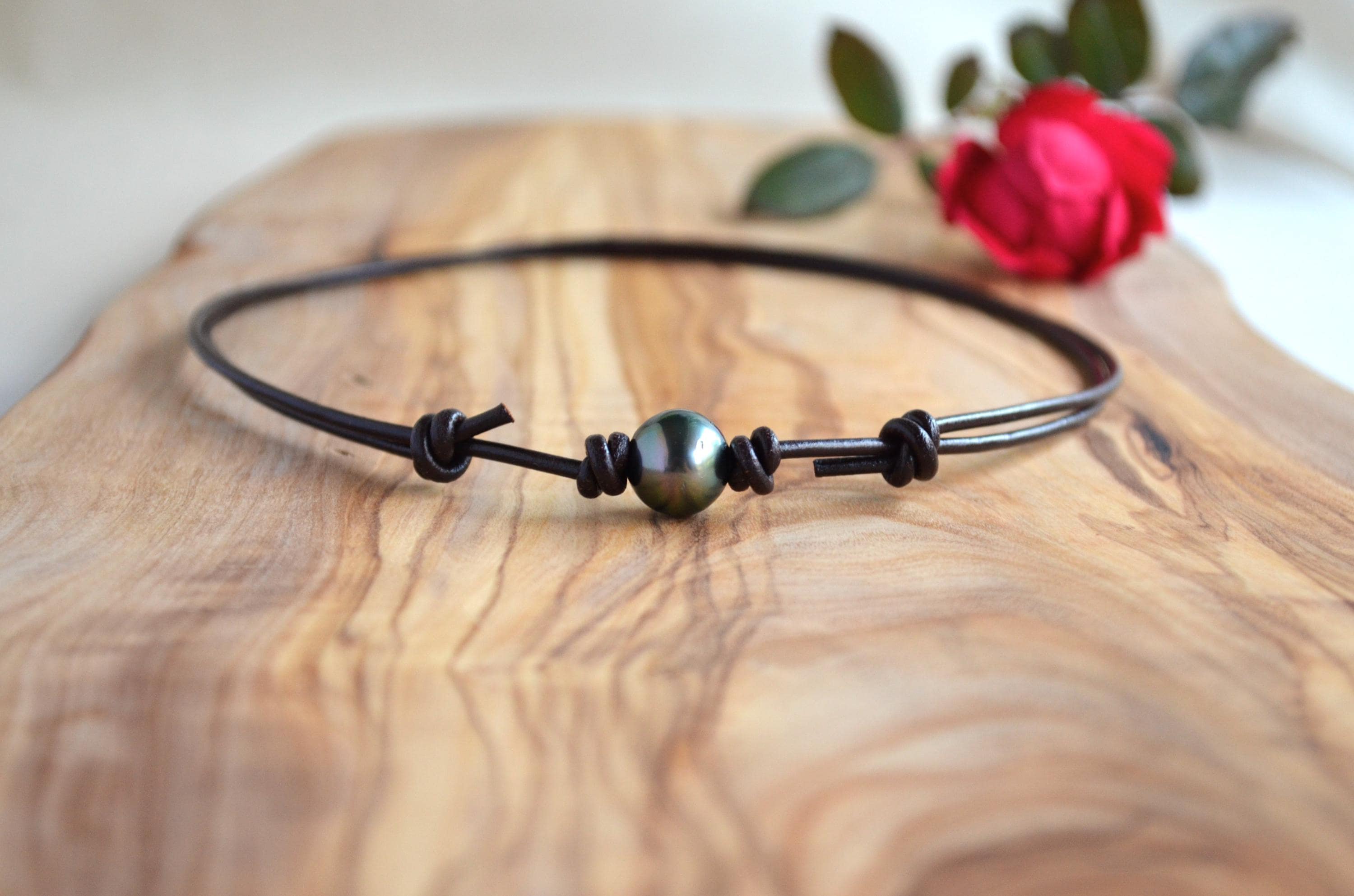 Tahitian Pearl Choker, Adjustable Brown Leather Necklace