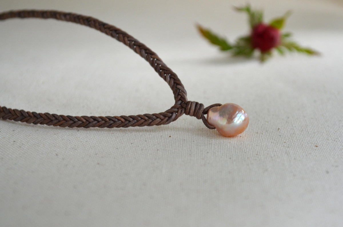 Baroque Edison Pearl Necklace on Braided Leather, Pink Pearl Pendant 12x15 mm, Organic Shape, Minimalist Statement, 16” + Extender