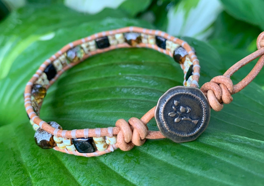 Beaded Leather Wrap Bracelet: Rustic Tree Button, Czech Beads