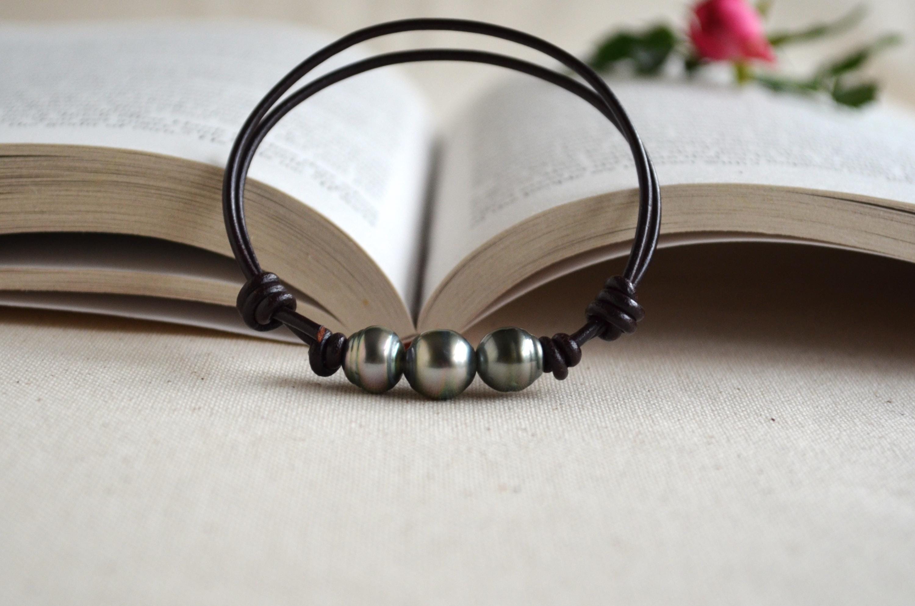 Three Tahitian Pearls Bracelet: Adjustable Dark Brown Greek Leather, Elegant Jewelry, Unisex