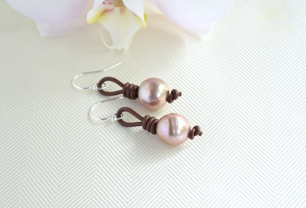 Edison Pearl Drop Earrings: Pink Freshwater Pearls, Sterling Silver & Leather