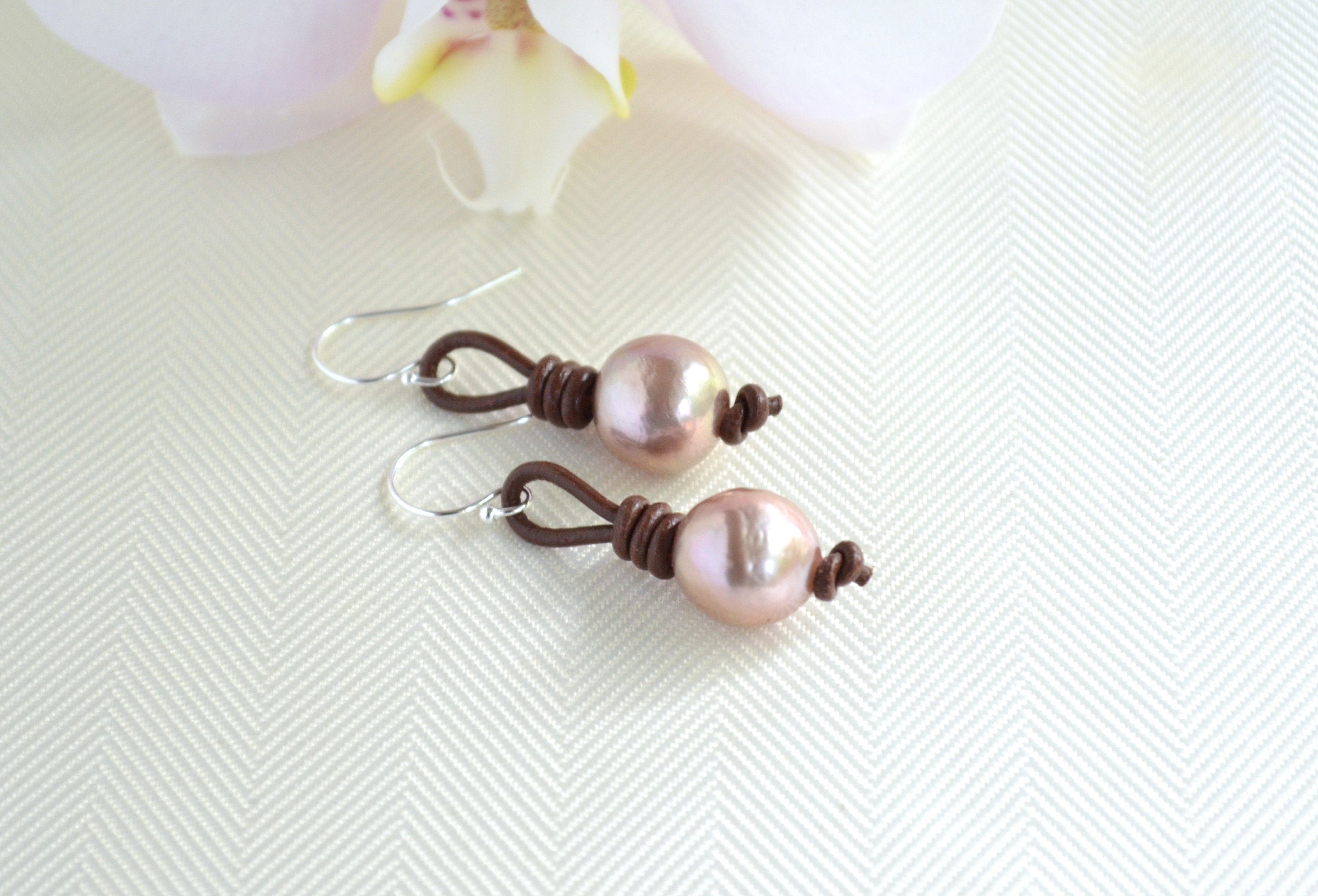 Edison Pearl Drop Earrings: Pink Freshwater Pearls, Sterling Silver & Leather
