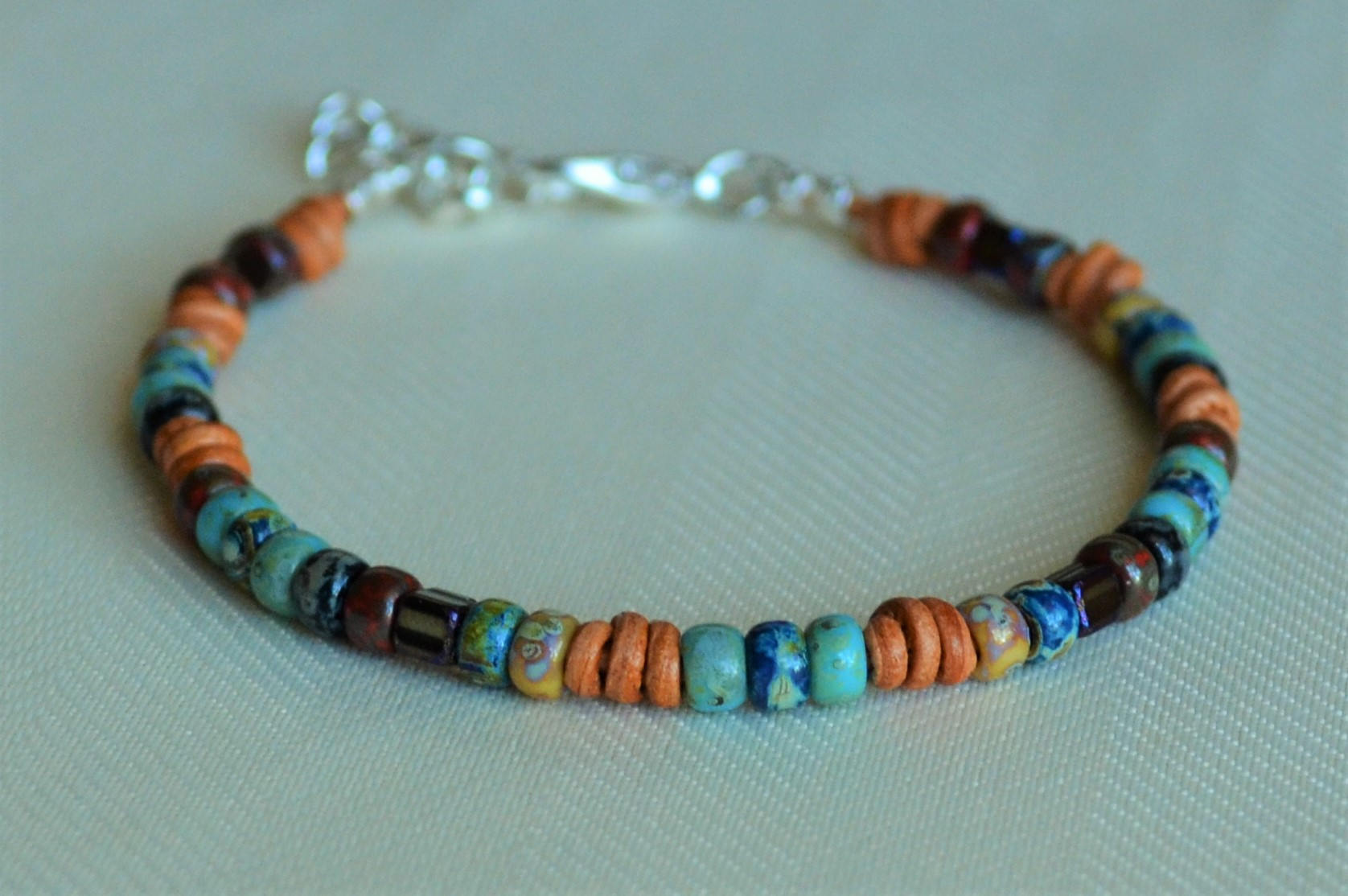 Picasso Czech Bead Leather Bracelet: Knotted Boho Jewelry