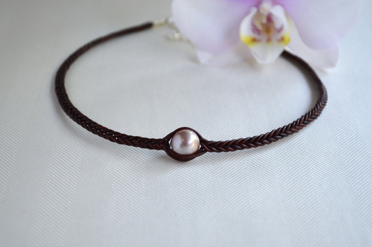 Edison Pearl Choker: Braided Leather Necklace, Light Mauve Pearl