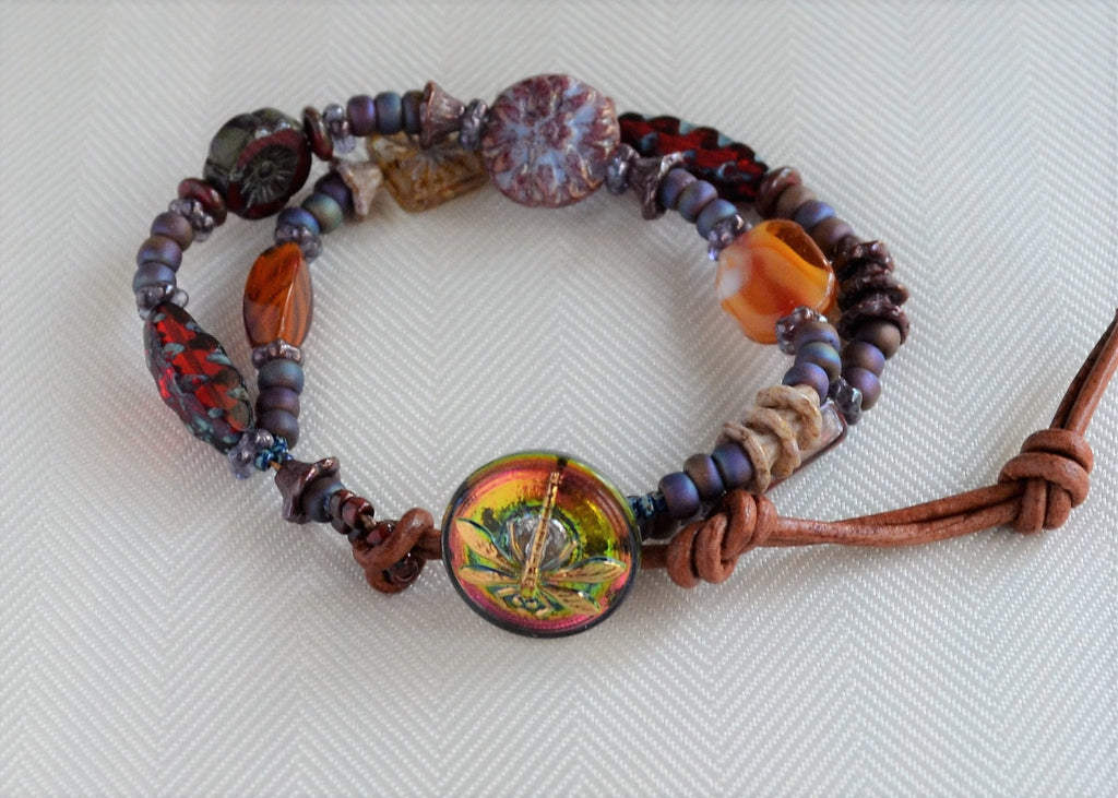 Boho Beaded Double Strand Bracelet: Czech Glass & Dragonfly Button