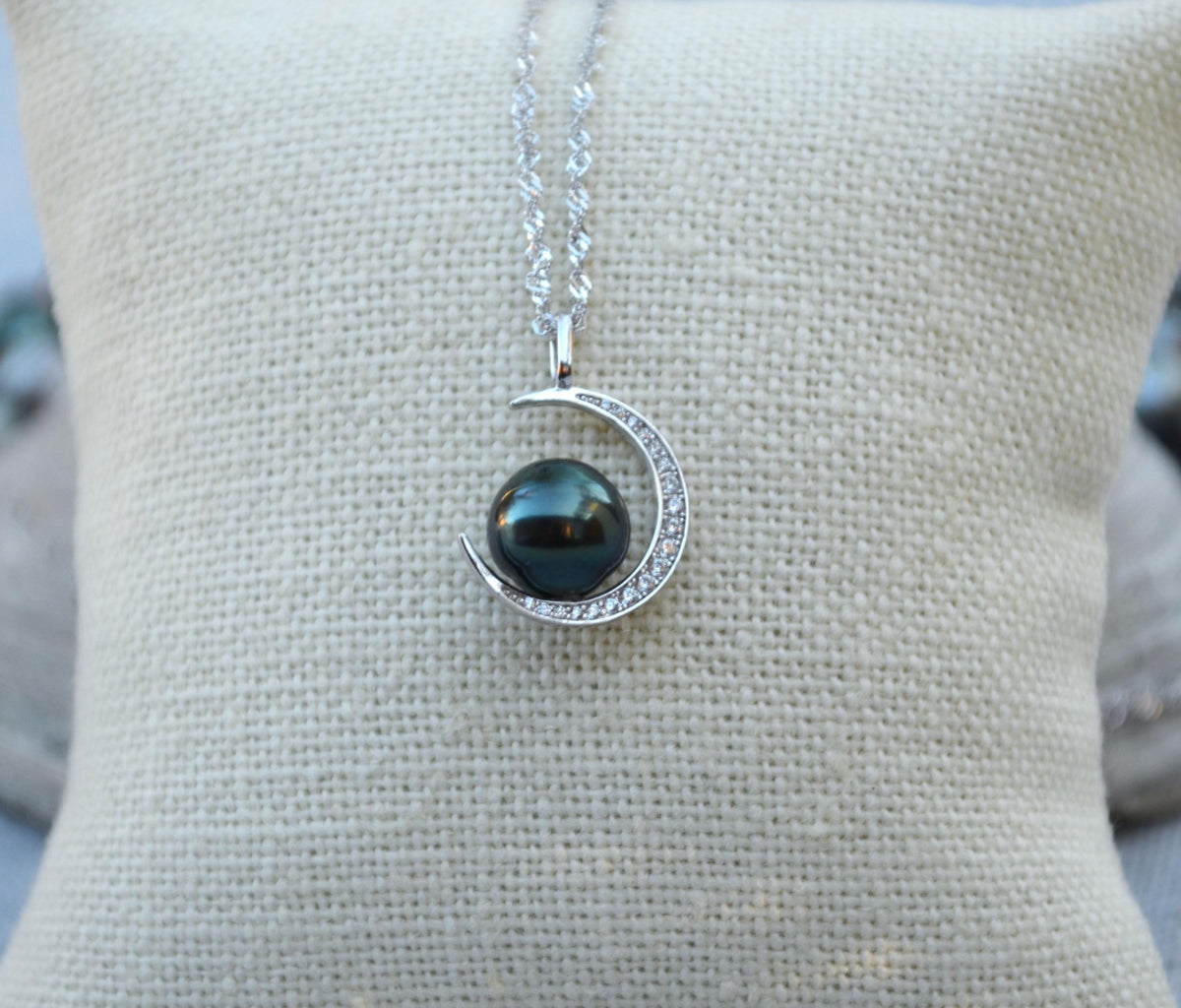 Tahitian Pearl Necklace: Sterling Silver Crescent Moon Pendant, CZ Accents