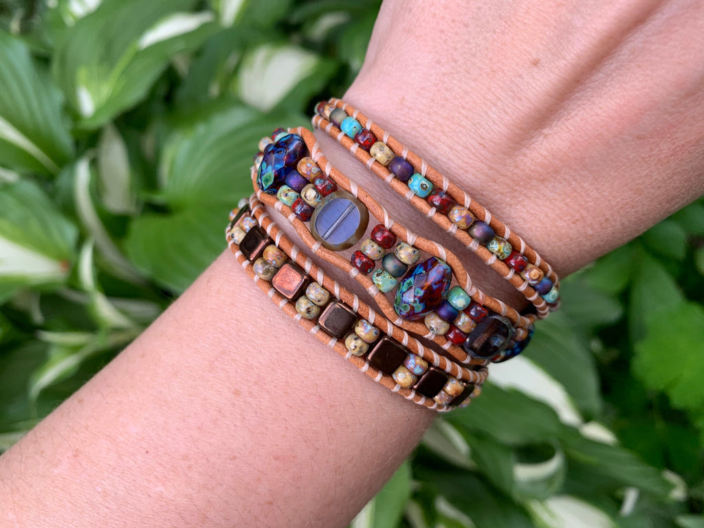 Dragonfly Beaded Leather Wrap Bracelet, Czech Glass Three Wrap