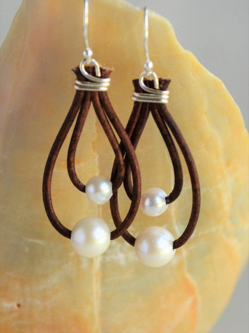 Freshwater Pearl Leather Earrings: Sterling Silver Hooks