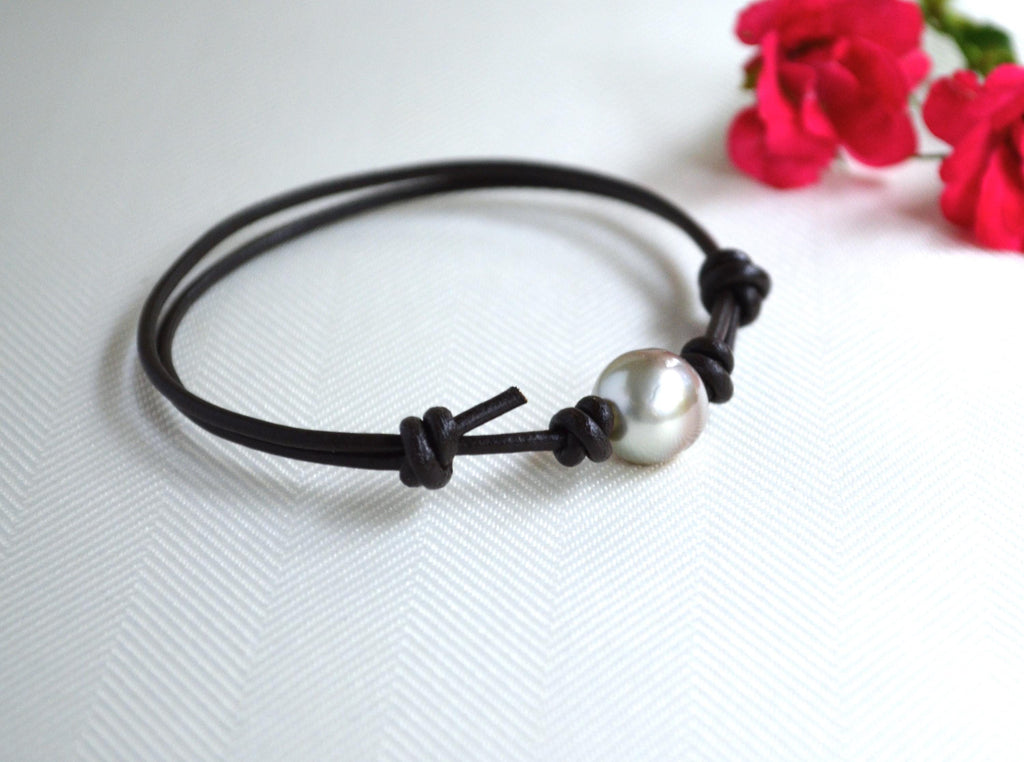 Tahitian Pearl Bracelet: Unisex Dark Brown Greek Leather, LARGE Pearl, Adjustable Jewelry
