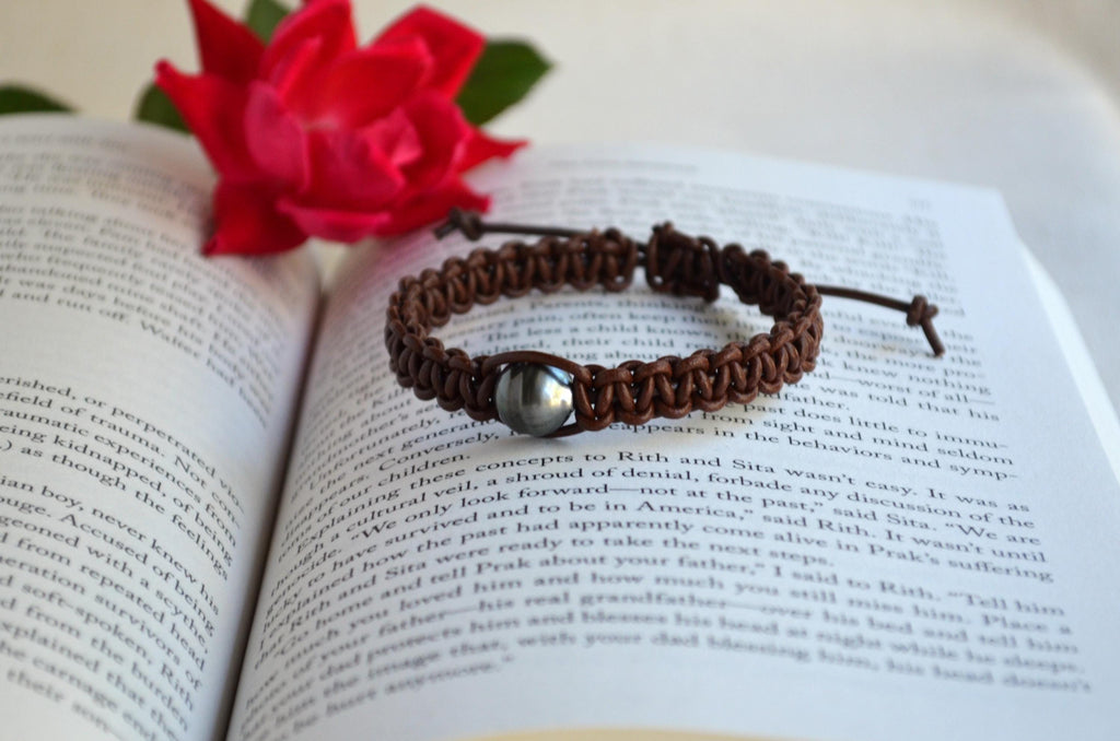 Adjustable Tahitian Pearl Bracelet: Greek Chocolate Brown Leather Bohemian Jewelry for Her