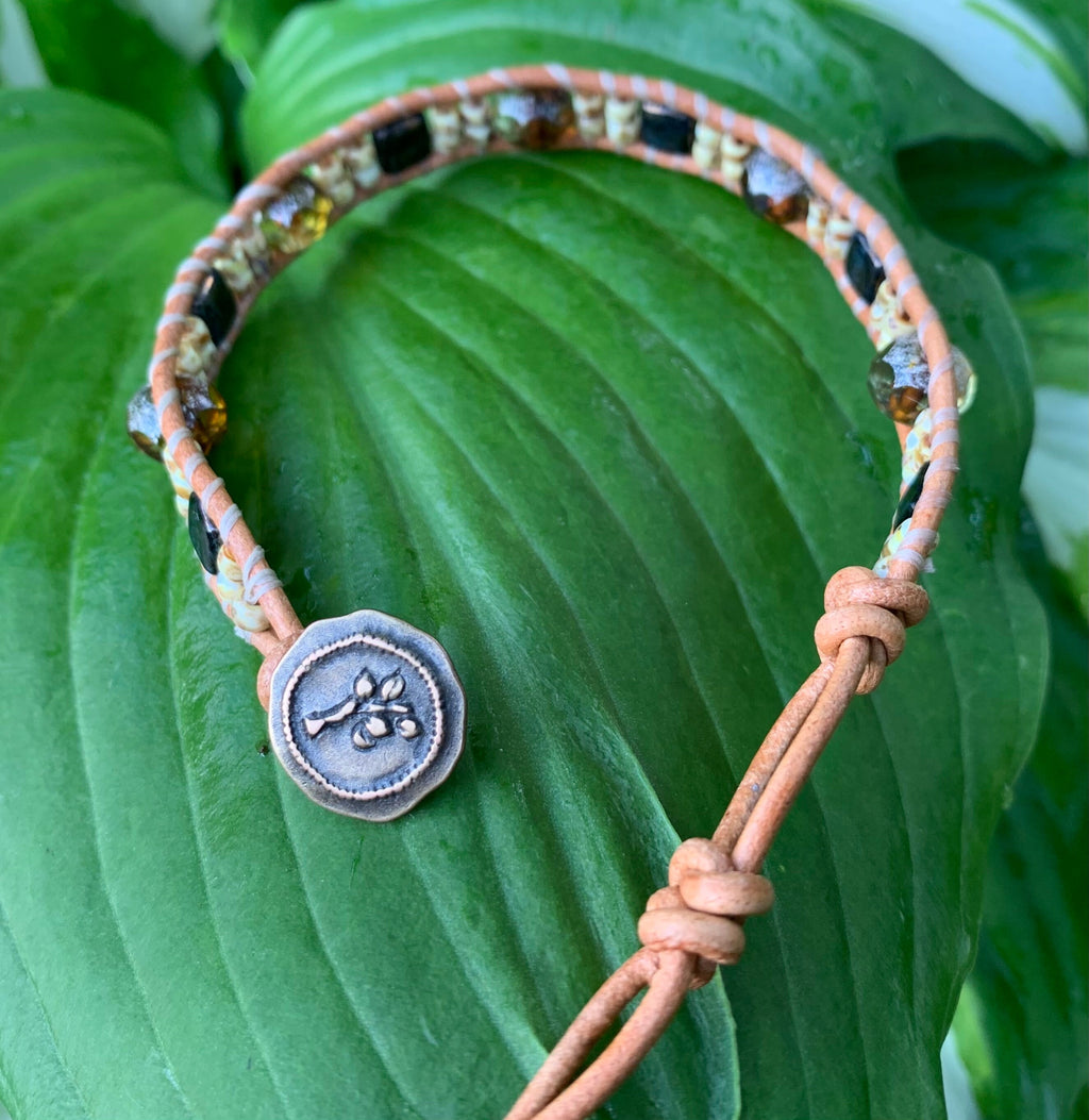 Beaded Leather Wrap Bracelet: Rustic Tree Button, Czech Beads
