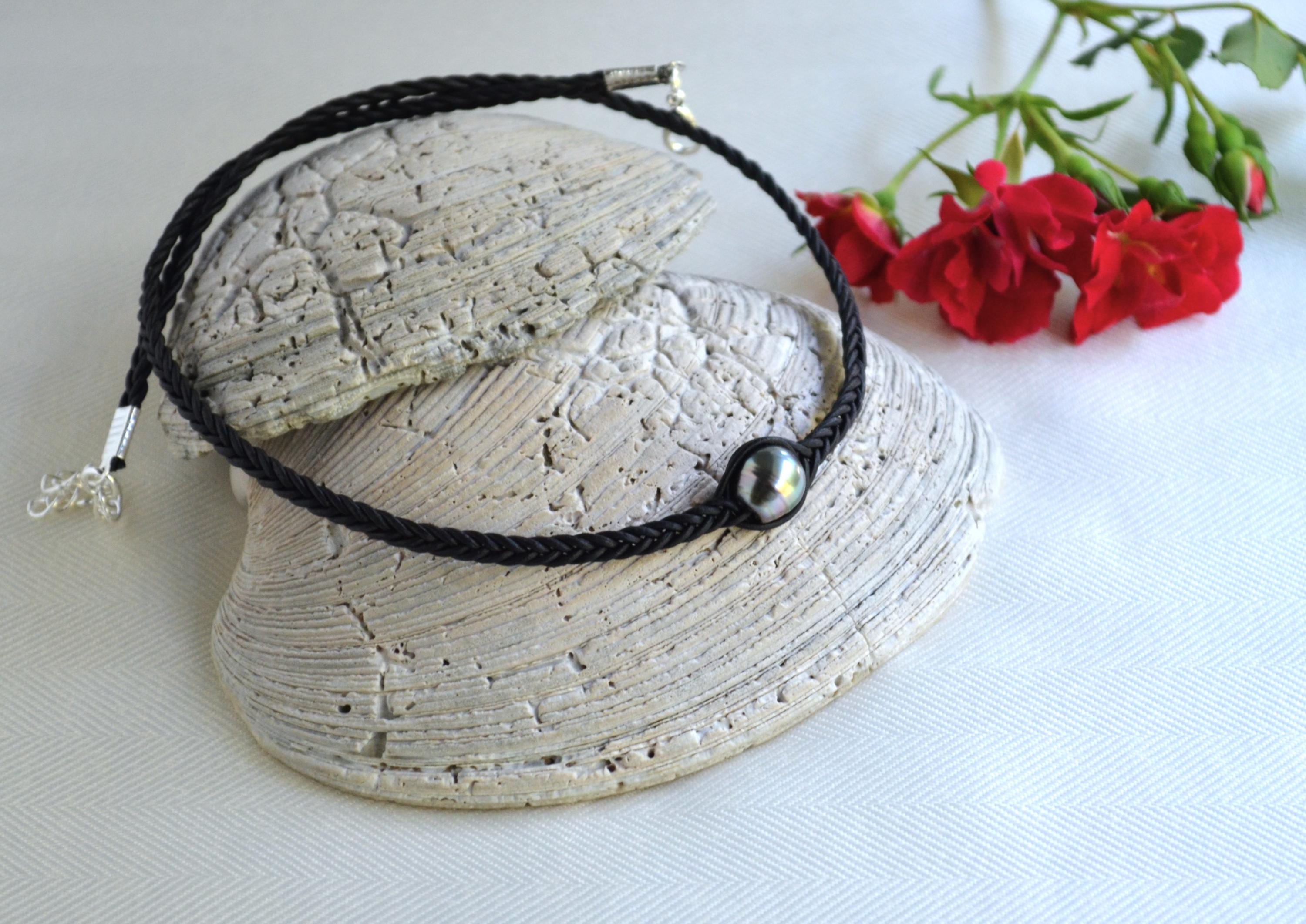 Tahitian Pearl Necklace: Braided Leather Choker, Elegant Unisex Jewelry