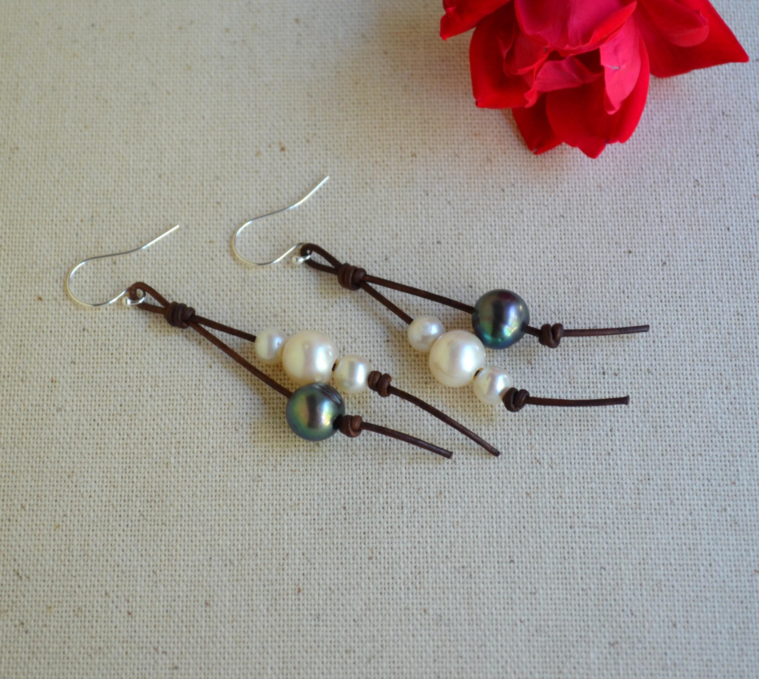 Handmade Freshwater Pearls on Leather Earrings, Sterling Silver French Wires