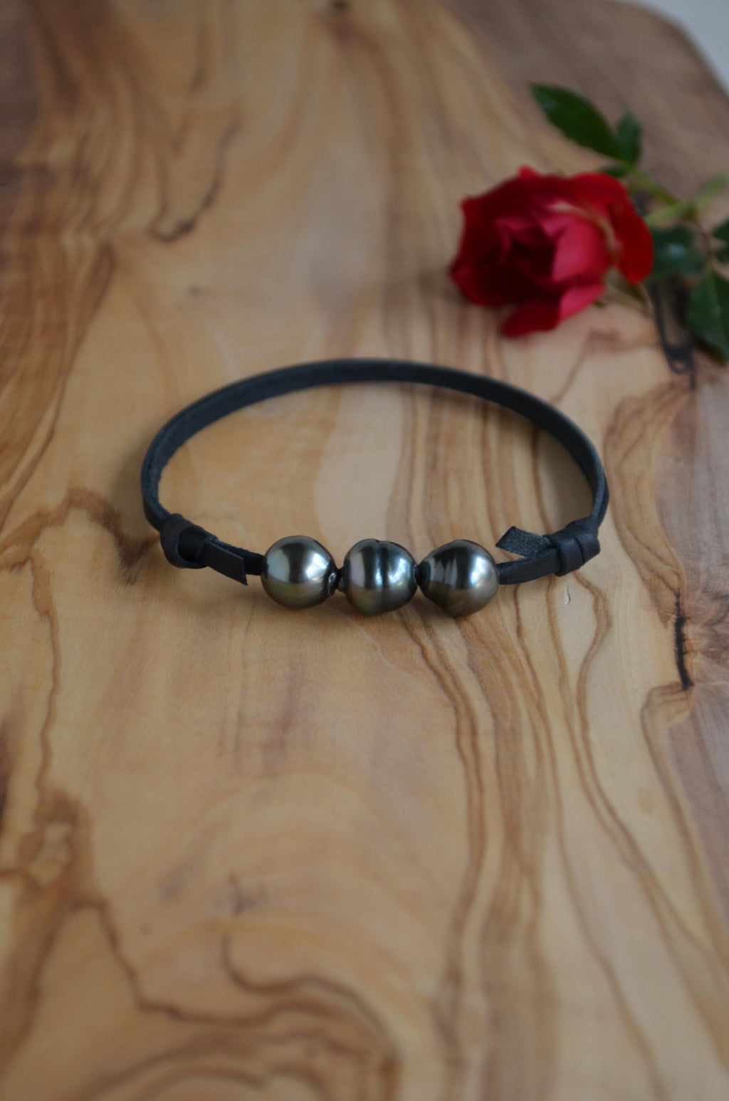 Three Tahitian Pearls Bracelet: Black Australian Leather Adjustable Bracelet