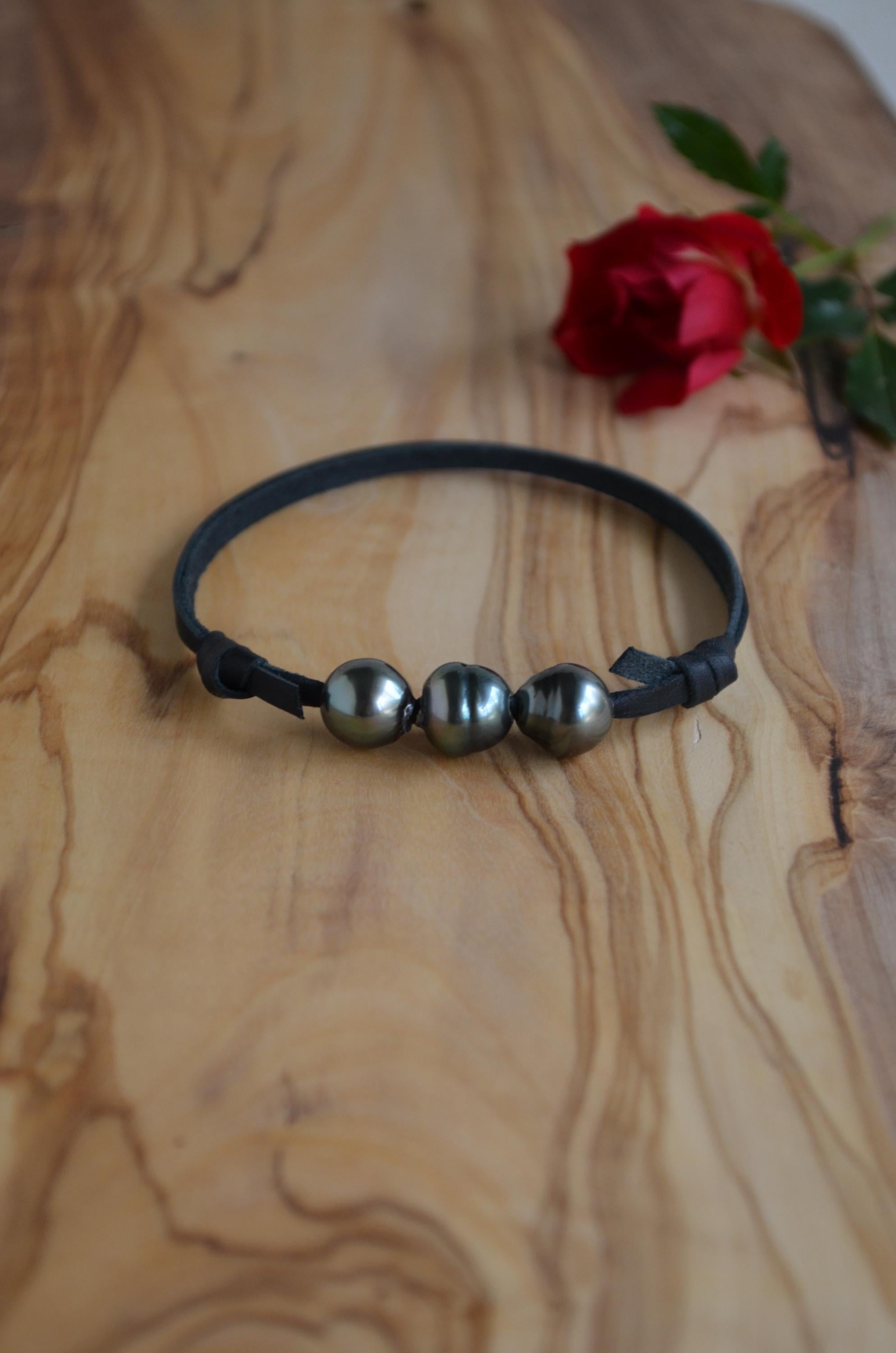 Three Tahitian Pearls Bracelet: Black Australian Leather Adjustable Bracelet