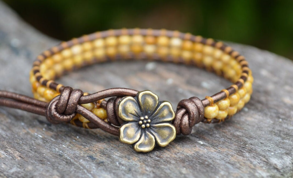 Handmade Leather Cuff Bracelet with Speckled Seed Beads, Gift for Her