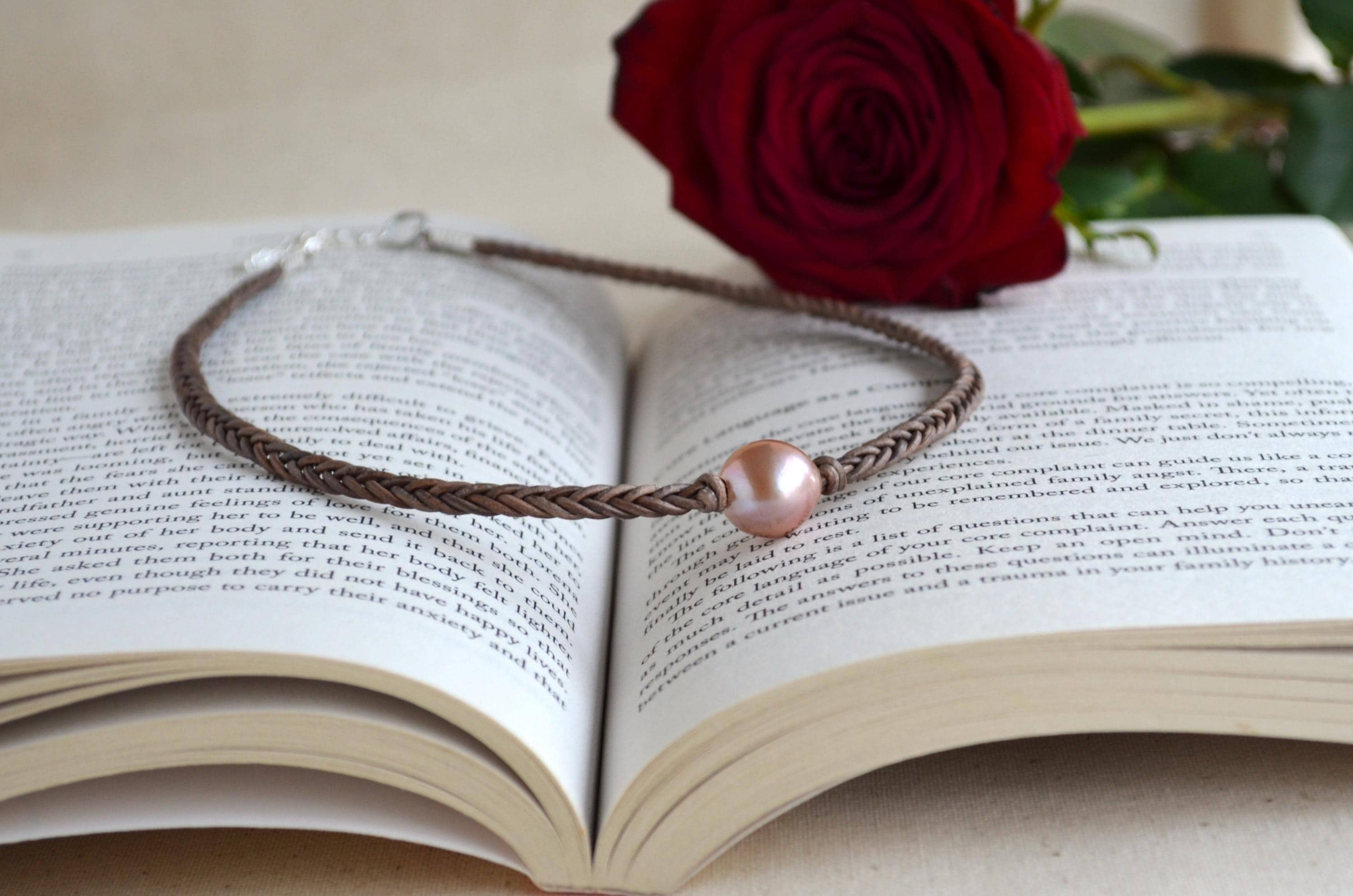 Hand Braided Leather Choker, Pink Edison Pearl Short Necklace