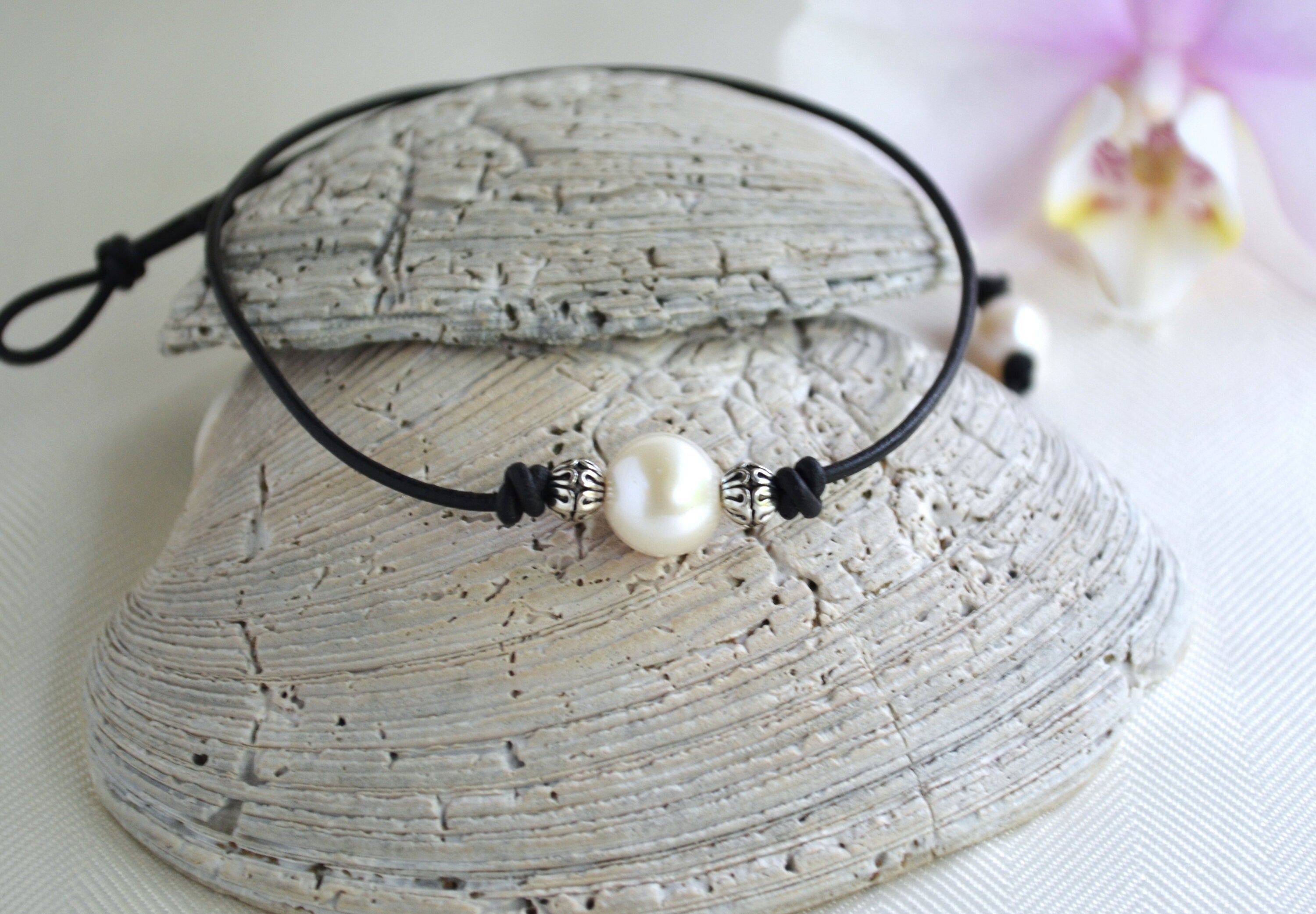 Large Pearl Leather Choker: Silver Plated Beads, Boho Jewelry