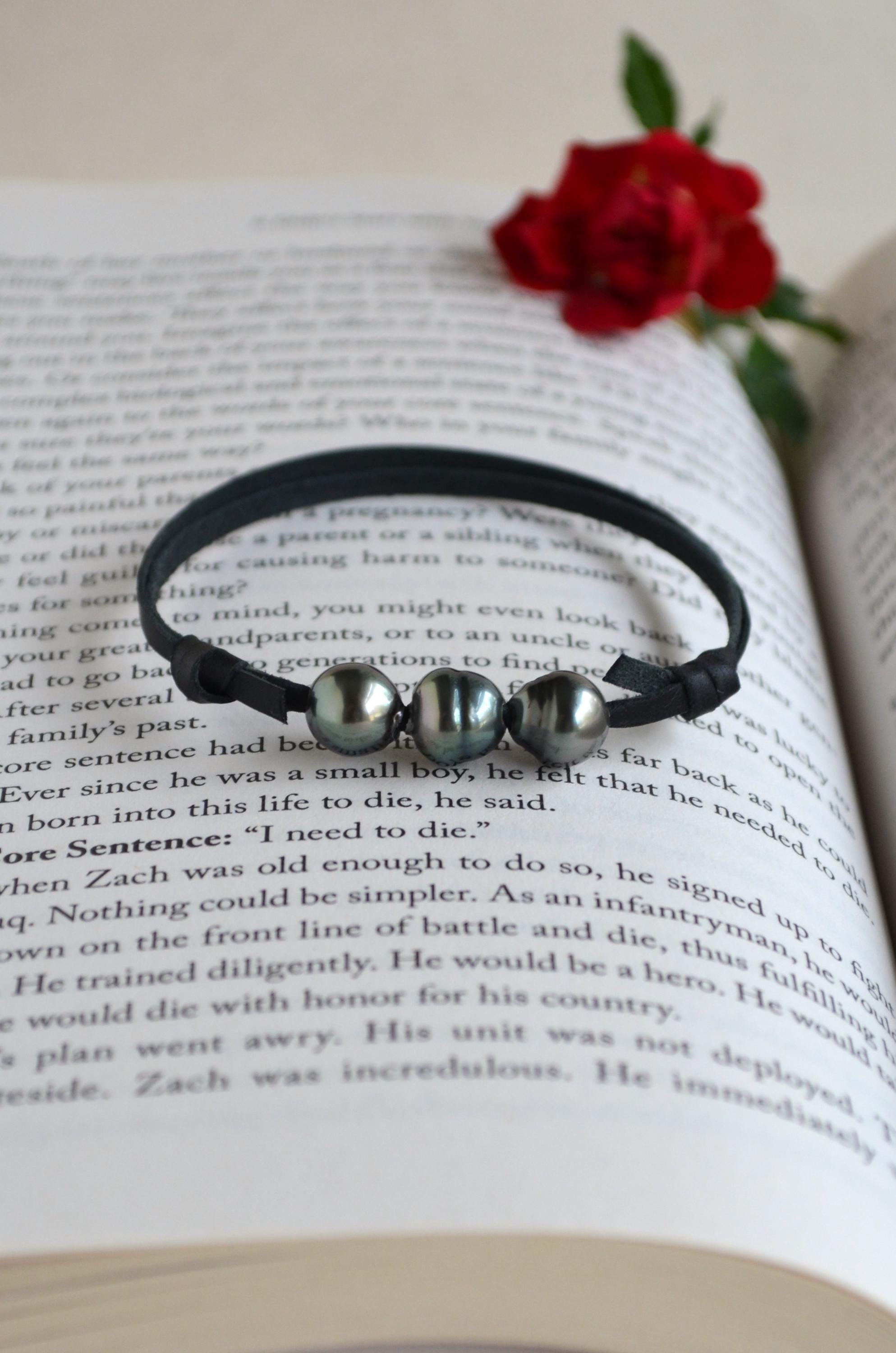 Three Tahitian Pearls Bracelet: Black Australian Leather Adjustable Bracelet