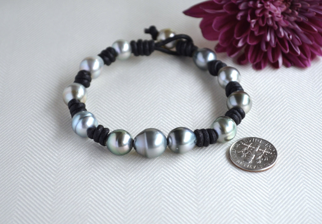 Tahitian Pearls on Leather Bracelet: Black Leather, Tahitian Pearl Clasp