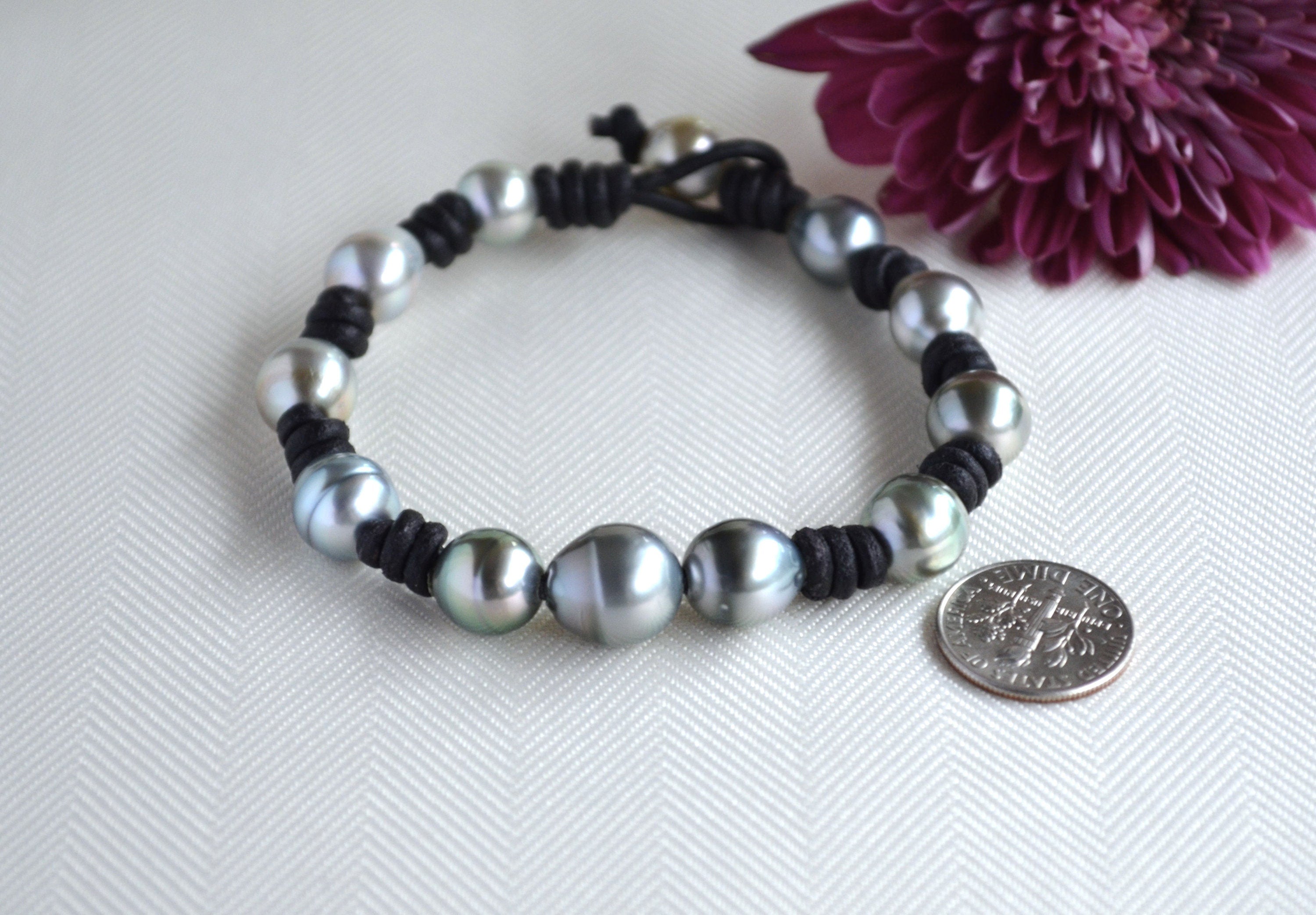 Tahitian Pearls on Leather Bracelet: Black Leather, Tahitian Pearl Clasp