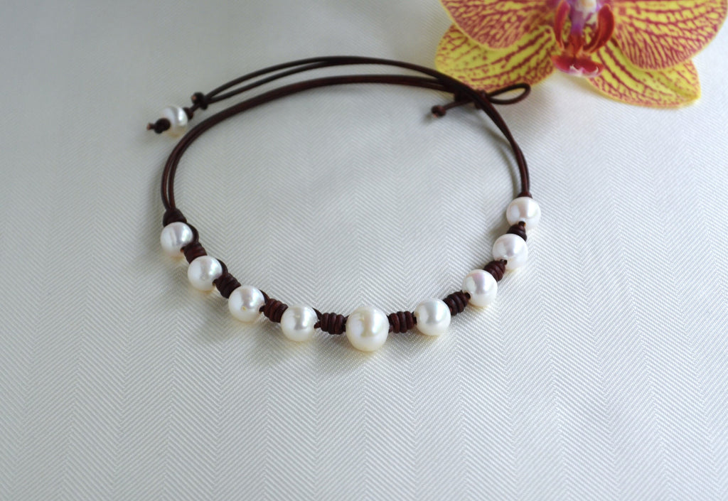 Knotted Pearl Leather Necklace: Boho Freshwater Pearl Jewelry Gift for Her