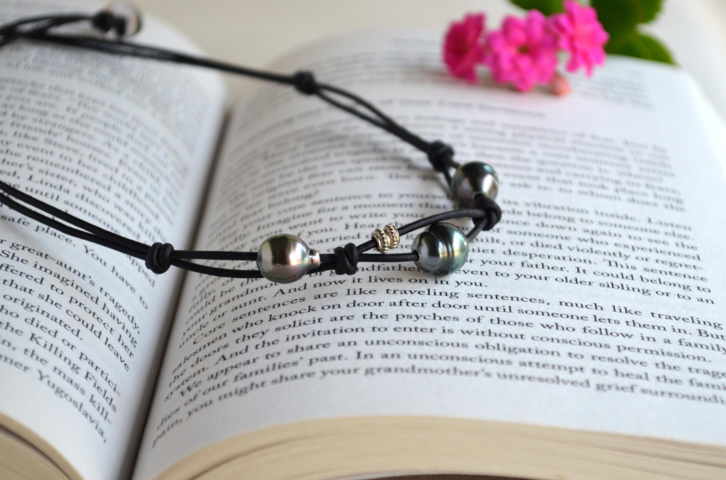 Tahitian Black Pearls on Leather Short Necklace, Sterling Silver Accent