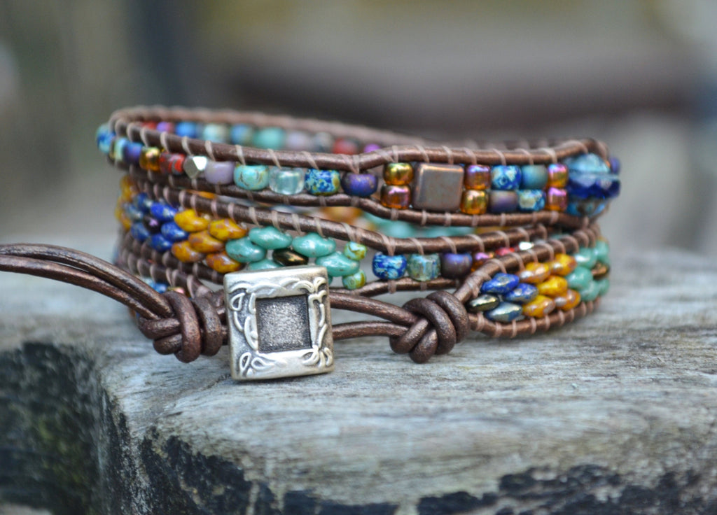 Boho Leather Wrap Bracelet, Tile & Czech Glass Beaded